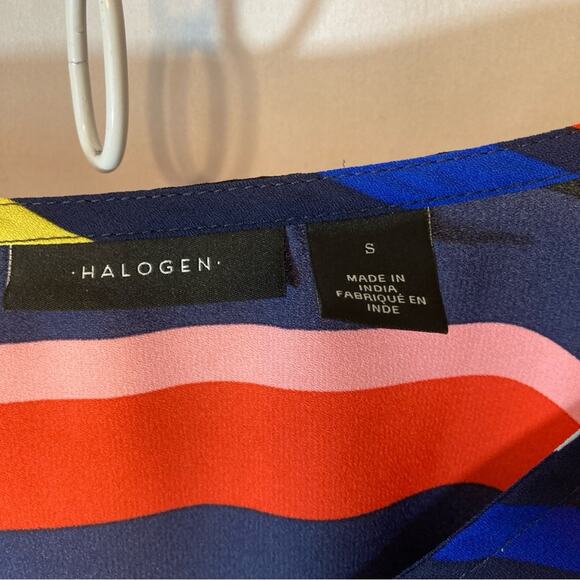 Halogen Rainbow Striped Lightweight Dark Blue 3/4 Tie Sleeves V-Neck Blouse Top - Picture 3 of 7
